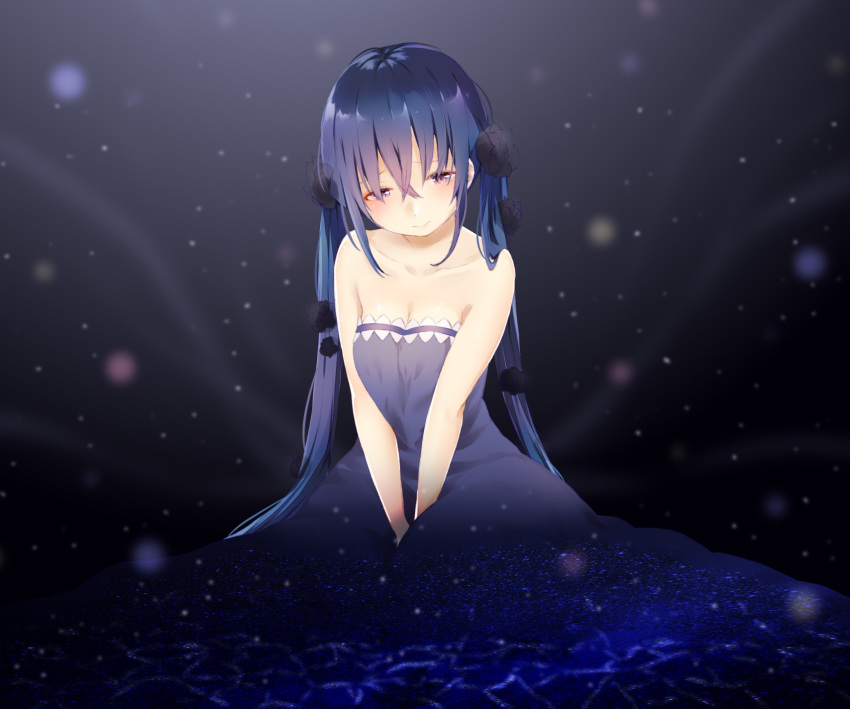 1girl 3: bangs between_legs blue_dress blue_hair blurry blush closed_mouth depth_of_field dress hair_between_eyes half-closed_eyes hand_between_legs hatsune_miku highres long_hair looking_at_viewer manatsuki_manata paranoia_(vocaloid) sitting solo starry_sky_print twintails very_long_hair violet_eyes vocaloid