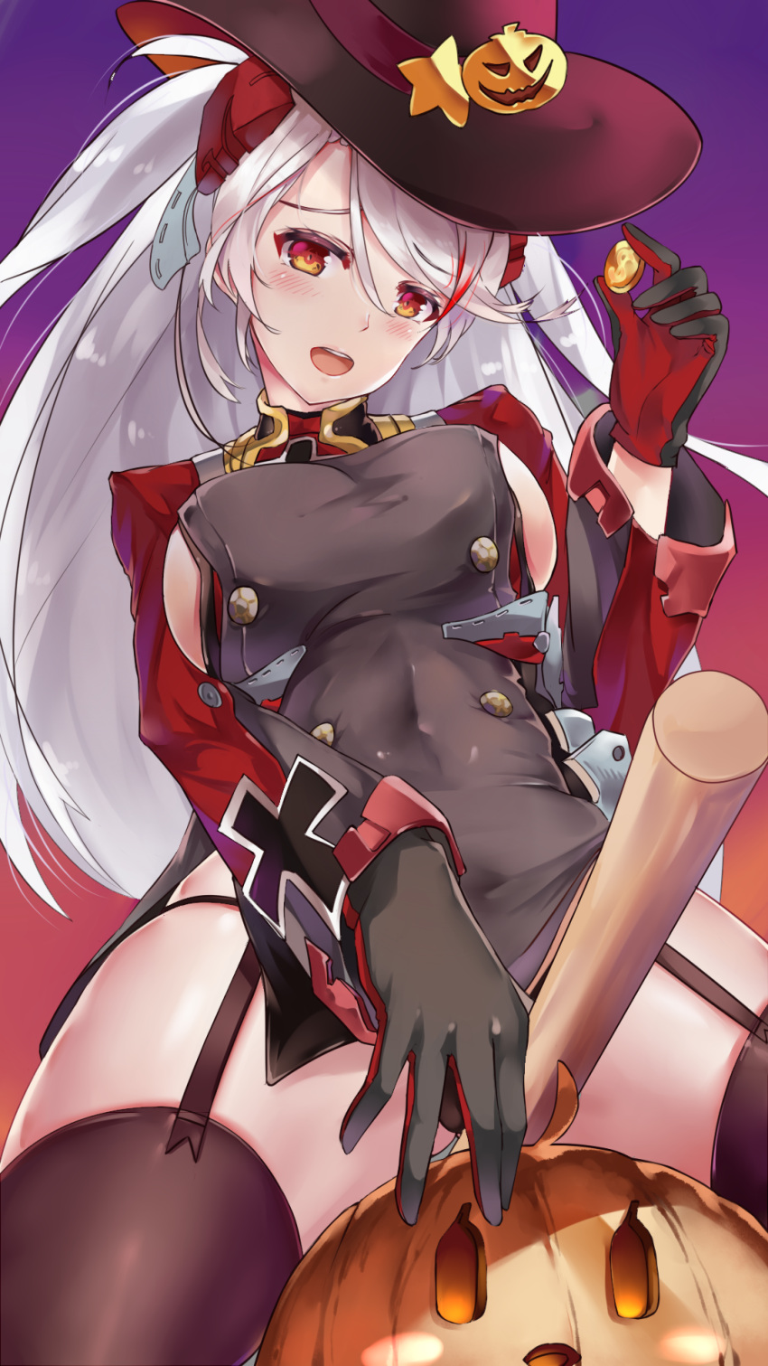 1girl azur_lane black_legwear blush breasts broom coin garter_straps hair_ornament hair_ribbon highres holding iron_cross jack-o'-lantern large_breasts long_hair looking_at_viewer multicolored_hair open_mouth prinz_eugen_(azur_lane) red_eyes redhead ribbon sideboob silver_hair smile solo thigh-highs two_side_up very_long_hair zombie-andy