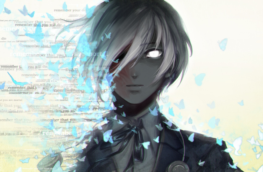 1boy avodkabottle blue_jacket butterfly closed_mouth commentary english face grey_hair hair_over_one_eye jacket looking_at_viewer neck_ribbon one_eye_covered persona persona_3 ribbon solo white_eyes yuuki_makoto