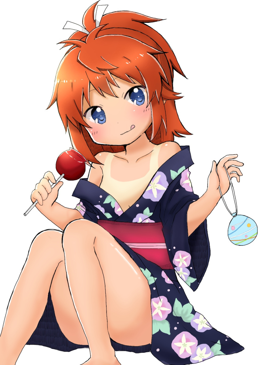 1girl :q bare_shoulders blue_eyes blue_kimono blush brown_hair candy_apple closed_mouth collarbone floral_print food hair_ribbon head_tilt high_ponytail highres holding holding_food japanese_clothes kimono koshigaya_natsumi light_smile long_hair looking_at_viewer non_non_biyori obi off_shoulder print_kimono ribbon sash shika_(s1ka) sidelocks simple_background sitting solo summer_festival tan tanline tongue tongue_out water_yoyo white_background white_ribbon