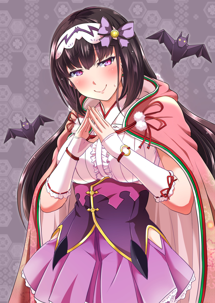 1girl absurdres bat black_hair blush bow breasts cloak fate/grand_order fate_(series) fingerless_gloves fingers_together frilled_skirt frills gloves hair_bow hairband head_tilt highres hood hood_down hooded_cloak large_breasts long_hair looking_at_viewer origami osakabe-hime_(fate/grand_order) poruporu purple_skirt skirt smile solo steepled_fingers sweatdrop very_long_hair violet_eyes