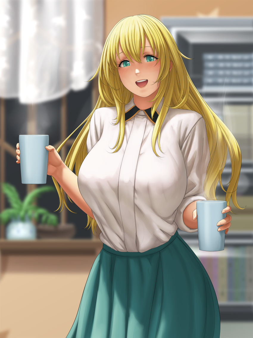 1girl :d alternate_costume atago_(kantai_collection) bangs blonde_hair blue_eyes blurry blush breasts commentary_request cowboy_shot cup depth_of_field green_skirt highres holding holding_cup indoors kantai_collection large_breasts long_sleeves looking_at_viewer lvl_(sentrythe2310) open_mouth plant potted_plant round_teeth skirt sleeves_pushed_up smile solo steam tareme teeth window