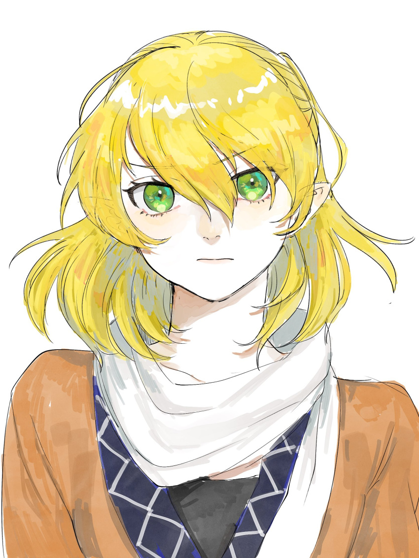 1girl bangs biteikotupinchi black_shirt blonde_hair brown_shirt closed_mouth commentary eyes_visible_through_hair flat_chest green_eyes hair_between_eyes half_updo highres looking_at_viewer mizuhashi_parsee pointy_ears portrait scarf serious shirt short_hair simple_background solo touhou undershirt white_background white_scarf