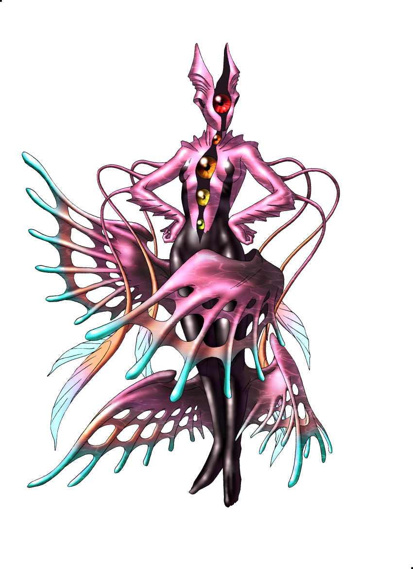 1girl absurdres armaiti black_skin convenient_censoring faceless full_body hands_on_hips highres kazuma_kaneko leg_wings multicolored multicolored_skin official_art pink_skin shin_megami_tensei shiny shiny_skin solo sphere white_background wings