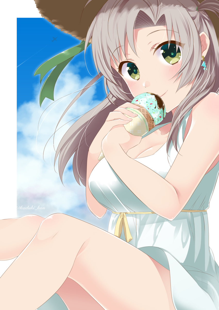 1girl alternate_costume bare_shoulders blue_sky breasts cleavage dress earrings food green_eyes grey_hair hat highres holding holding_food ice_cream jewelry kadzuki_kan kantai_collection kinugasa_(kantai_collection) large_breasts long_hair looking_at_viewer sky sleeveless smile solo straw_hat white_dress
