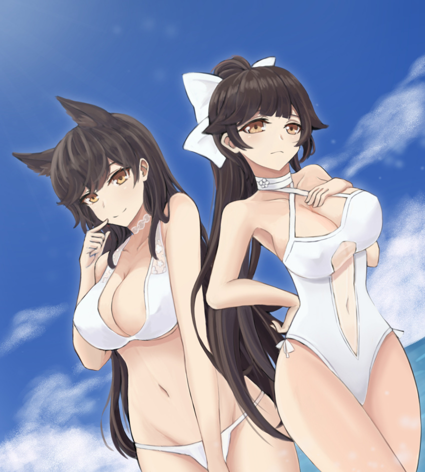 2girls atago_(azur_lane) azur_lane bangs bare_arms bare_shoulders bikini black_hair blue_sky blunt_bangs blush bow breasts brown_eyes casual_one-piece_swimsuit choker cleavage closed_mouth clouds collarbone cowboy_shot criss-cross_halter day dutch_angle finger_to_mouth hair_bow halterneck hand_on_hip highleg highres large_breasts long_hair looking_at_viewer multiple_girls navel one-piece_swimsuit outdoors sky standing stomach swimsuit takao_(azur_lane) thighs very_long_hair white_bikini white_bow white_neckwear white_swimsuit
