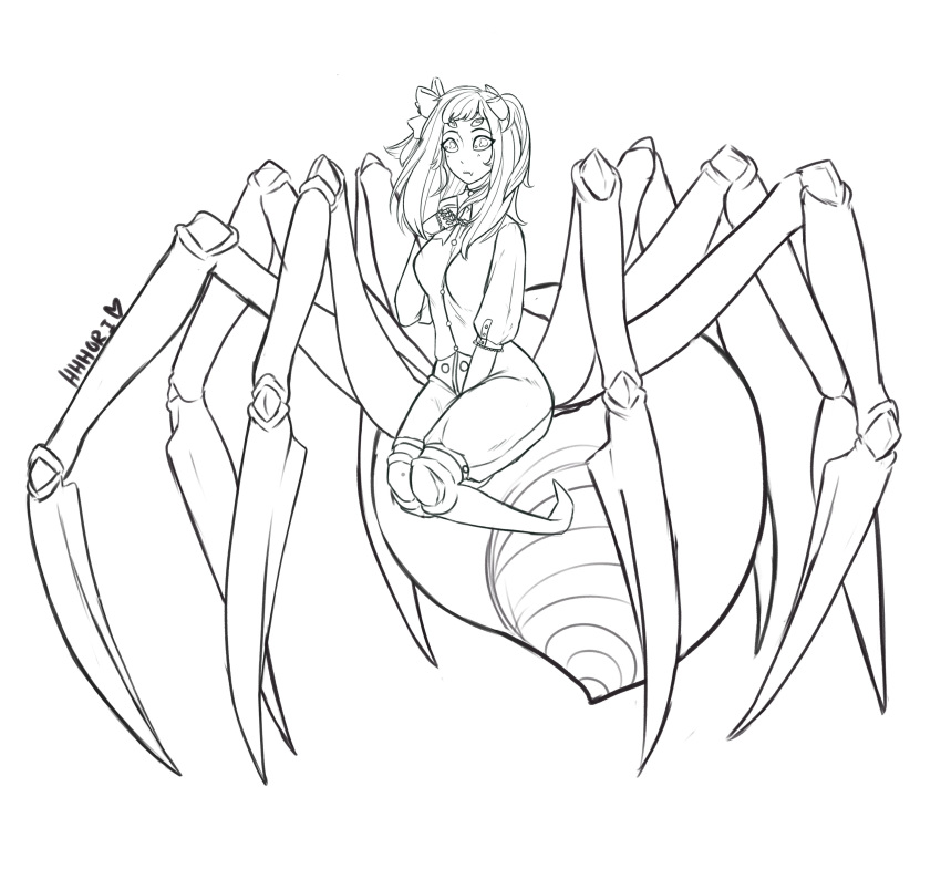 1girl absurdres arachne bangs breasts closed_mouth commentary extra_eyes fang full_body greyscale hair_ribbon hand_on_own_chest hhhori highres insect_girl jacket lineart long_hair looking_at_viewer medium_breasts monochrome monster_girl neck_ribbon original ribbon shorts signature solo spider_girl