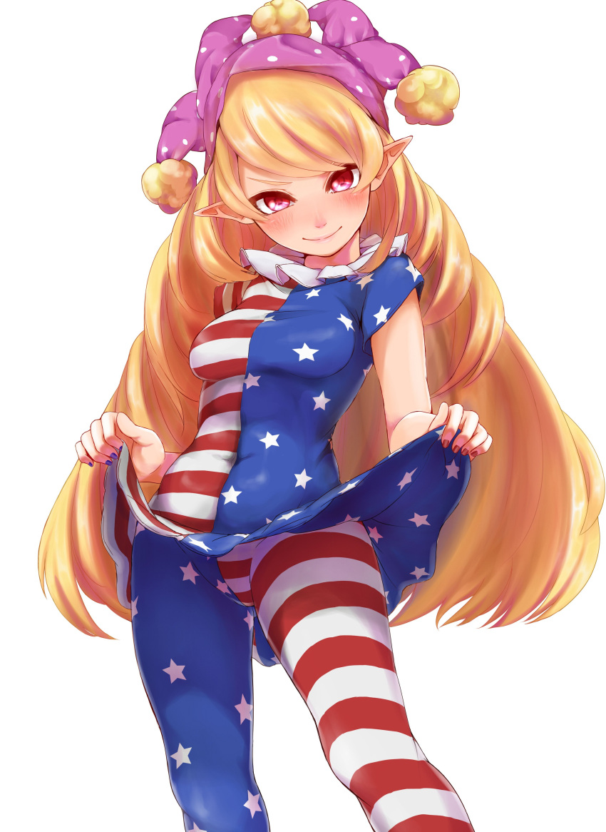 &gt;:) 1girl absurdres american_flag_dress american_flag_legwear bangs blonde_hair blush breasts closed_mouth clownpiece covered_navel danji_aq dress dress_lift hat head_tilt highres horizontal_stripes jester_cap lifted_by_self long_hair medium_breasts nail_polish neck_ruff pantyhose pointy_ears polka_dot red_eyes short_dress short_sleeves simple_background smile solo standing star star_print striped swept_bangs touhou very_long_hair white_background