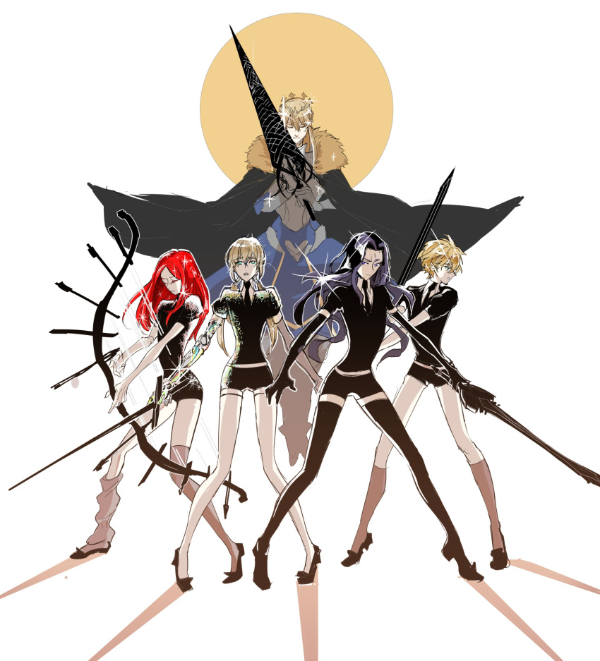 absurdres androgynous artoria_pendragon_(all) artoria_pendragon_(lancer) bedivere black_hair blonde_hair bow_(weapon) cape circle closed_eyes commentary crown dossei_jun'ai fate/extra fate/grand_order fate/stay_night fate_(series) gawain_(fate/extra) genderswap highres houseki_no_kuni knights_of_the_round_table_(fate) lance lancelot_(fate/grand_order) long_hair loose_socks necktie polearm purple_hair redhead socks sparkle sword tristan_(fate/grand_order) uniform weapon