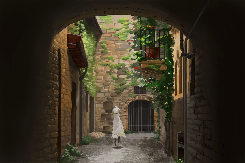 .kitsuna 1girl arch black_legwear brick_wall commentary_request day dress facing_away from_behind gate highres house ivy original outdoors pantyhose plant potted_plant scenery shoes short_hair solo standing village white_dress white_hair