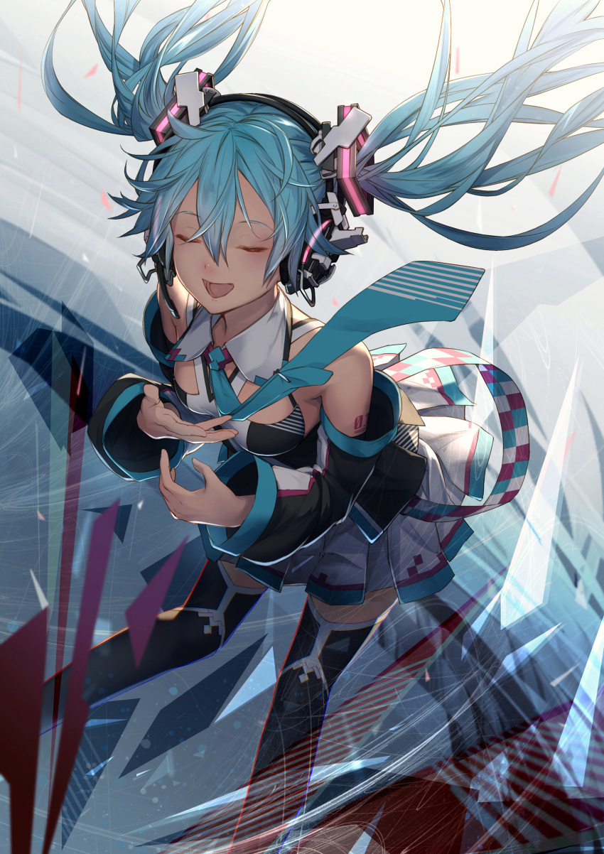 1girl absurdres arm_tattoo black_legwear blue_hair blue_neckwear blush breasts closed_eyes commentary_request detached_sleeves floating_hair foreshortening gradient gradient_background hair_between_eyes hair_ornament hatsune_miku headset highres leaning_forward legs_apart long_hair long_sleeves medium_breasts miya-ki_(miya_key) necktie number_tattoo open_mouth pleated_skirt skirt smile solo standing tattoo thigh-highs twintails very_long_hair vocaloid white_skirt wing_collar zettai_ryouiki