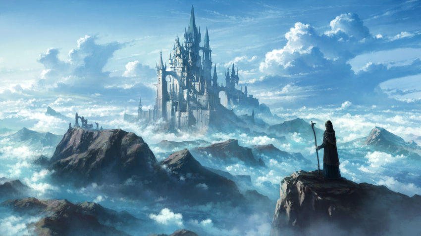above_clouds ambiguous_gender blue_sky castle clouds cloudy_sky commentary_request day facing_away fantasy from_behind highres holding holding_staff hood_up mountain original outdoors robe scenery sky solo staff standing tomaknights