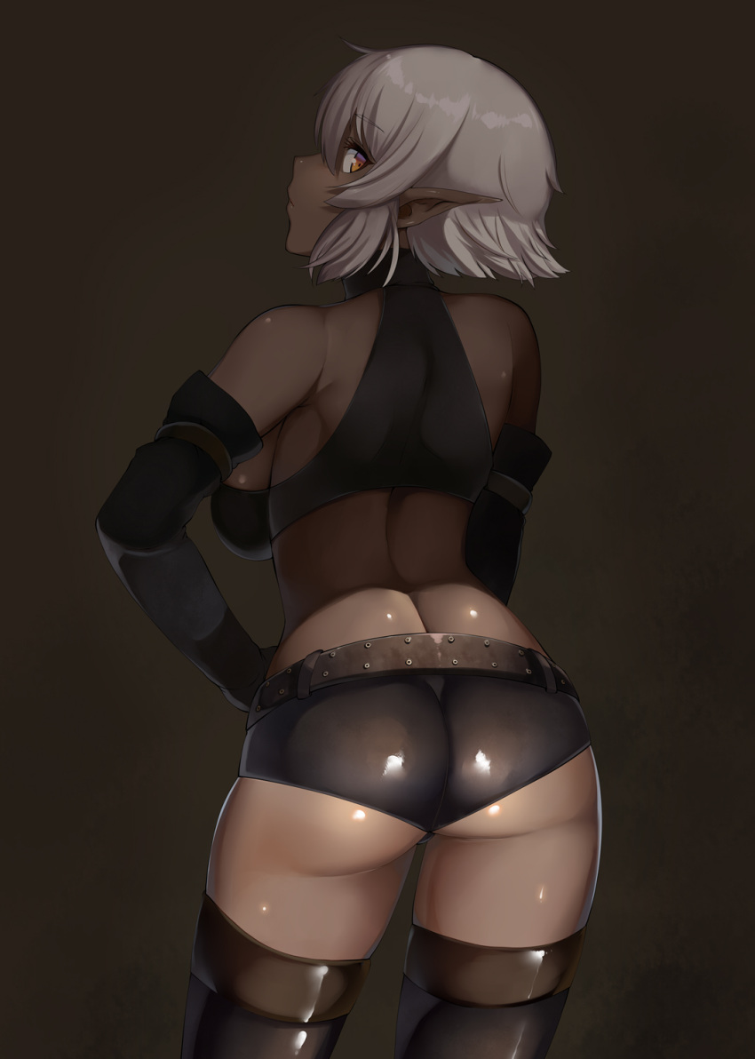 1girl alone ass back bare_shoulders black_gloves black_legwear breasts brown_eyes dark_elf dark_skin elbow_gloves elf eyebrows_visible_through_hair female from_behind gloves halter_top halterneck highres hips huge_ass large_breasts lolicept looking_at_viewer looking_back midriff original pointy_ears profile short_hair short_shorts shorts sideboob simple_background solo tanned tanned_skin thick_thighs thigh-highs thighs white_background white_hair wide_hips