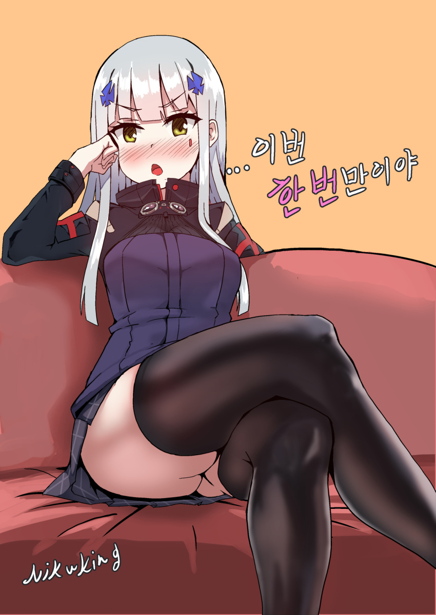 &gt;:o 1girl :o artist_name ass bangs black_legwear black_skirt blunt_bangs blush commentary_request couch eyebrows_visible_through_hair facial_mark girls_frontline green_eyes hair_ornament hand_on_own_cheek hand_up highres hk416_(girls_frontline) legs_crossed long_hair long_sleeves looking_at_viewer miniskirt nikuking nose_blush on_couch open_mouth orange_background pleated_skirt sidelocks silver_hair simple_background sitting skirt solo translation_request upskirt