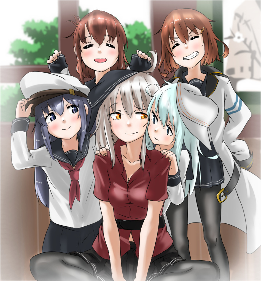 5girls akatsuki_(kantai_collection) belt black_legwear black_skirt blue_eyes blush brown_hair closed_eyes closed_mouth dress flat_cap gangut_(kantai_collection) grey_hair hair_between_eyes hair_ornament hat hibiki_(kantai_collection) highres ikazuchi_(kantai_collection) inazuma_(kantai_collection) kantai_collection long_hair long_sleeves looking_at_viewer medium_hair military military_hat military_jacket military_uniform miniskirt multiple_girls naval_uniform neckerchief necktie open_mouth orange_eyes pantyhose peaked_cap ponytail purple_hair red_shirt remodel_(kantai_collection) sailor_collar sailor_dress sailor_hat scar scar_on_cheek school_uniform serafuku shirt short_hair skirt smile tama_(seiga46239239) uniform verniy_(kantai_collection) violet_eyes