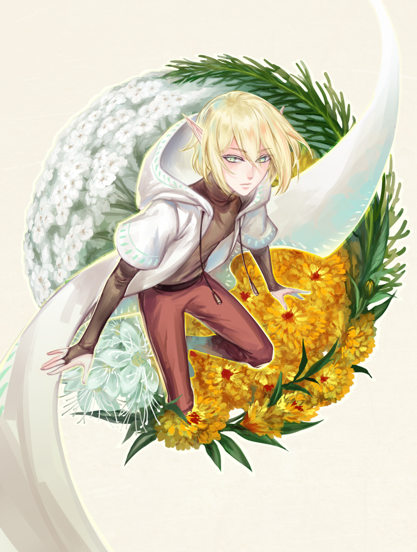 1boy avodkabottle blonde_hair blue_eyes branch character_check closed_mouth commentary elf eyebrows_visible_through_hair eyes_visible_through_hair fingerless_gloves flower flower_request gloves hair_between_eyes highres hooded_robe leaf long_sleeves magi_the_labyrinth_of_magic male_focus pants pointy_ears robe shirt solo titus_alexius