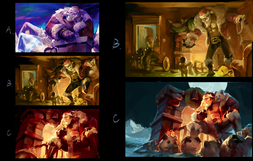 2boys abs alternate_costume alternate_hair_color beard bell boots braum_(league_of_legends) child chimney christmas_tree concept_art crowgod facial_hair gift gloves highres holly league_of_legends moon multiple_boys multiple_views poro_(league_of_legends) sack santa_braum sitting sketch standing standing_on_one_leg thigh-highs wreath