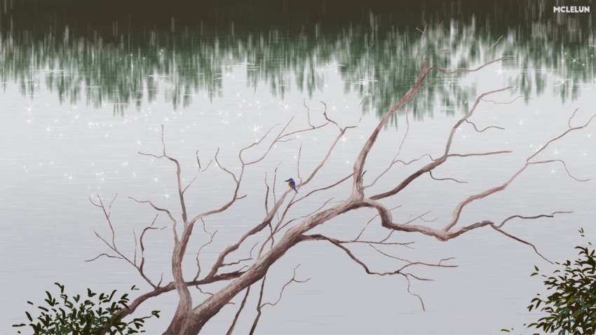 artist_name bare_tree bird branch commentary kingfisher lake leaf making_of mclelun no_humans original outdoors photo_reference reflection scenery tree