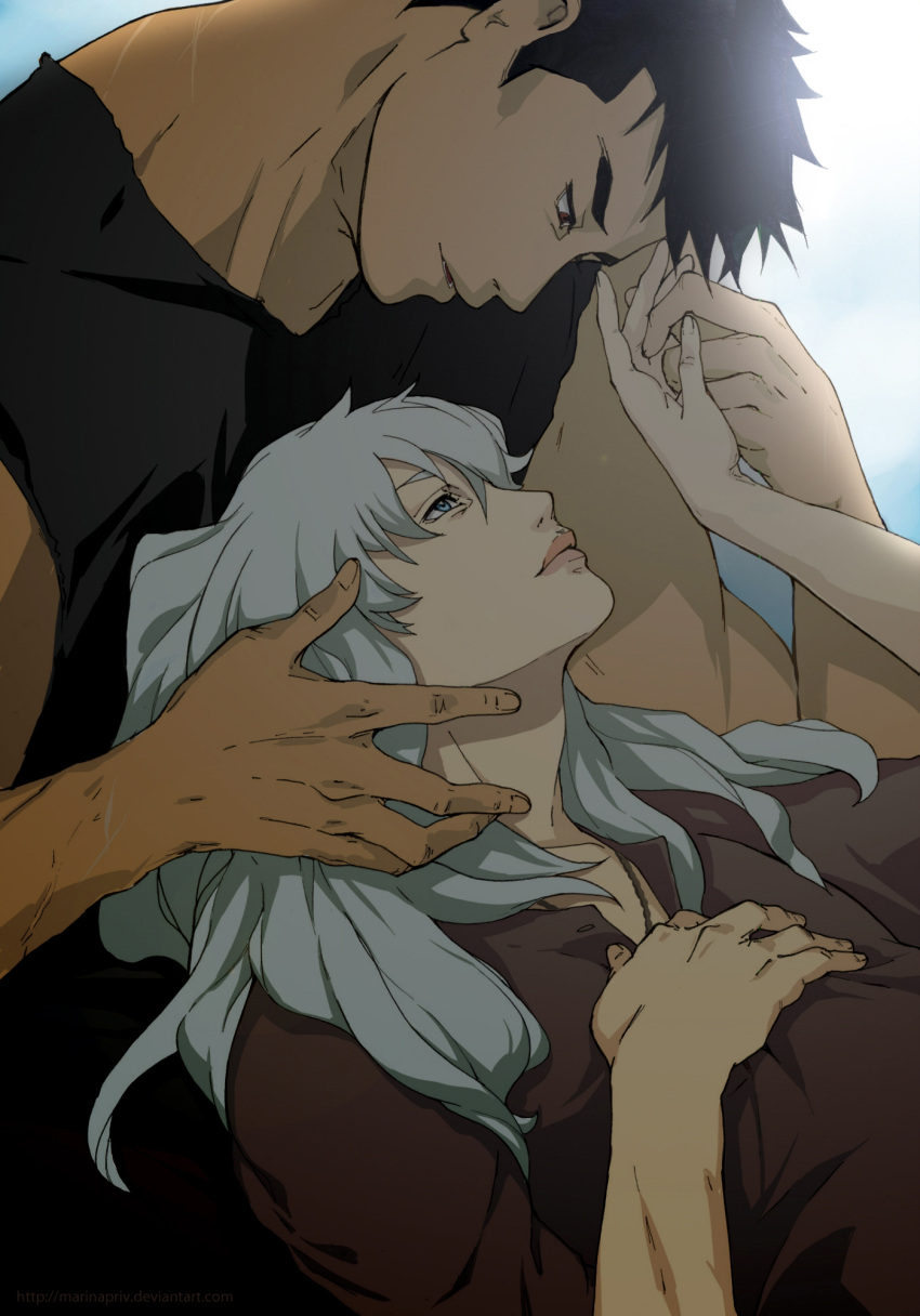 2boys berserk black_hair blue_eyes eye_contact griffith guts hand_holding highres lips long_hair looking_at_another lying_on_lap male_focus marina_privalova multiple_boys parted_lips profile scar shadow shirt white_hair yaoi
