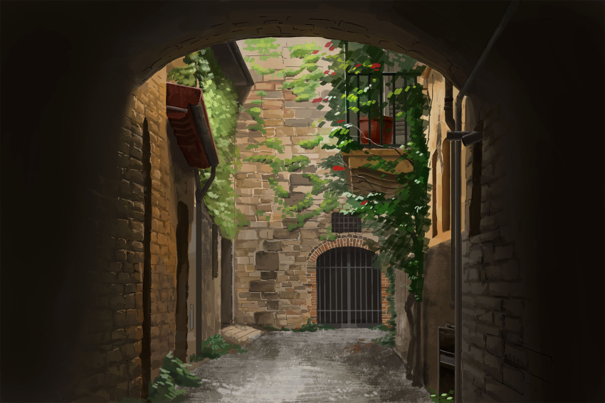 .kitsuna 1girl arch brick_wall commentary_request day gate highres house ivy no_humans original outdoors plant potted_plant scenery village