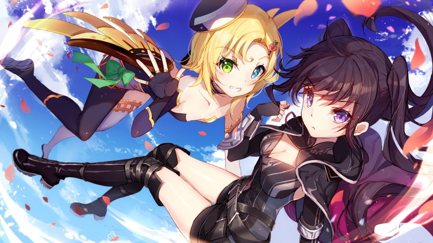 2girls ahoge arrow_through_heart asymmetrical_footwear bangs beret bison_cangshu black_footwear black_gloves black_hair black_shorts blonde_hair blue_eyes blue_sky blurry blush boots bracer breasts cleavage cloak closed_mouth clouds cloudy_sky day depth_of_field dutch_angle elbow_gloves eyebrows_visible_through_hair fingerless_gloves gloves green_eyes grin hand_up hat heterochromia highres hood hood_down looking_at_viewer million_arthur_(series) mini_hat multiple_girls outdoors over-kneehighs parted_lips petals rebellious_millon_arthur short_hair shorts single_thighhigh sky small_breasts smile thigh-highs thigh_boots twintails violet_eyes