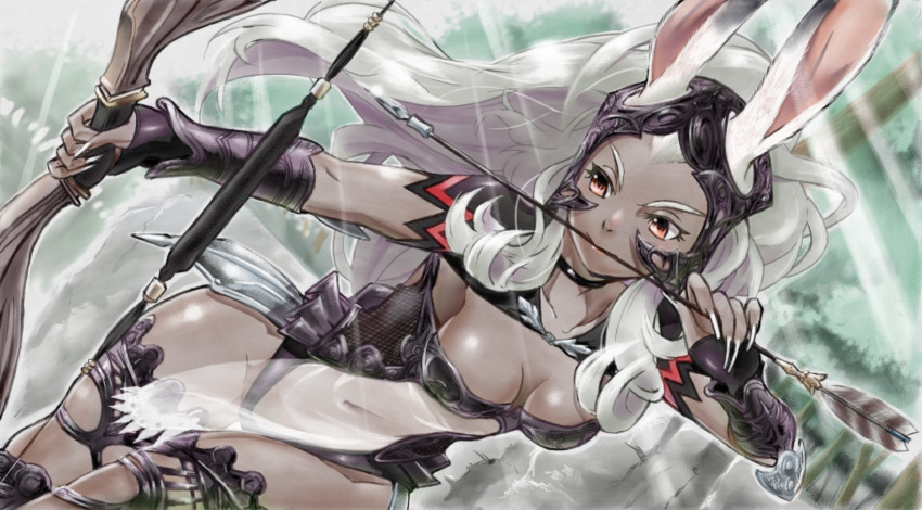 1girl animal_ears arrow bow_(weapon) breasts cleavage covered_navel dark_skin final_fantasy final_fantasy_xii fran hanabusa_(pixiv28207904) highres light_rays pelvic_curtain rabbit_ears see-through silver_hair solo viera weapon