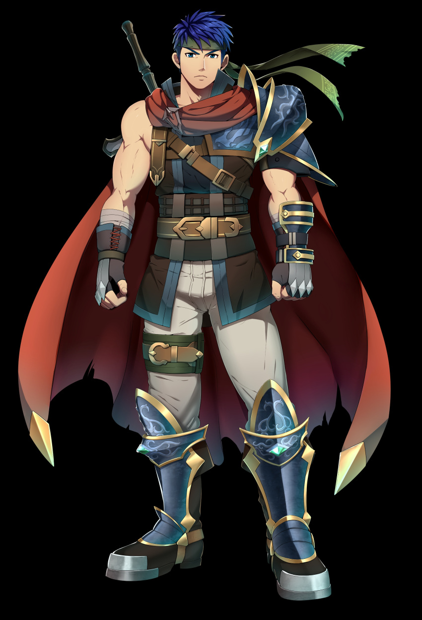 &gt;:( 1boy absurdres arm_guards armor armored_boots asymmetrical_armor bandage belt belt_buckle black_gloves blue_eyes blue_hair boots brown_vest buckle cape closed_mouth fingerless_gloves fire_emblem fire_emblem:_akatsuki_no_megami fire_emblem_heroes full_body gloves headband highres ike knee_boots legs_apart looking_at_viewer male_focus mazjojo muscle open_clothes open_vest pants pauldrons red_cape standing vest white_pants