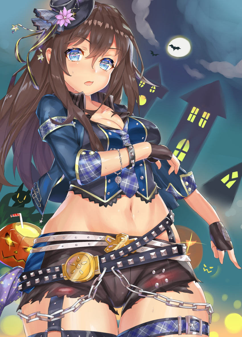 1girl arm_at_side ashu bat belt blue_eyes breasts brown_hair chains cleavage drinking_straw eyebrows_visible_through_hair fingerless_gloves flower full_moon gloves hair_between_eyes halloween hand_up hat hat_flower highres idolmaster idolmaster_cinderella_girls jack-o'-lantern jacket long_hair looking_at_viewer medium_breasts midriff moon navel necktie night open_clothes open_jacket open_mouth outdoors plaid plaid_neckwear pumpkin shibuya_rin short_shorts shorts solo standing stomach sweat thigh_gap upper_body vest wing_collar