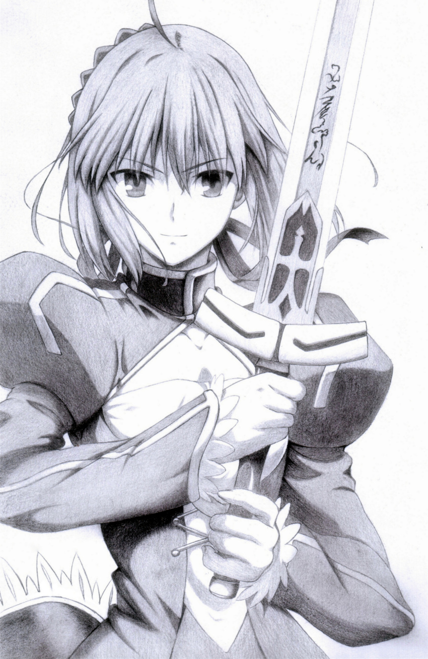 1girl absurdres ahoge artoria_pendragon_(all) bangs bent_elbow braided_bun cleavage_cutout cross-laced_clothes dress excalibur fate/stay_night fate_(series) frilled_sleeves frills high_collar highres holding holding_weapon jin_feng juliet_sleeves long_sleeves looking_at_viewer monochrome puffy_sleeves runes saber standing sword traditional_media upper_body weapon