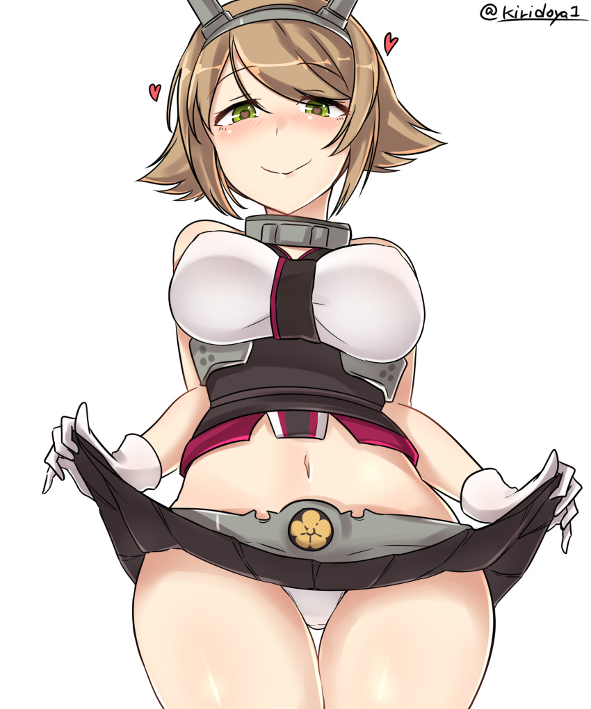 1girl absurdres bare_arms black_skirt blush breasts brown_hair closed_mouth erect_nipples flipped_hair gloves green_eyes headgear heart heart-shaped_pupils highres kantai_collection kiritto large_breasts looking_at_viewer looking_down midriff miniskirt mutsu_(kantai_collection) navel panties pleated_skirt short_hair simple_background skirt skirt_lift smile solo symbol-shaped_pupils twitter_username underwear upper_body white_background white_gloves white_panties