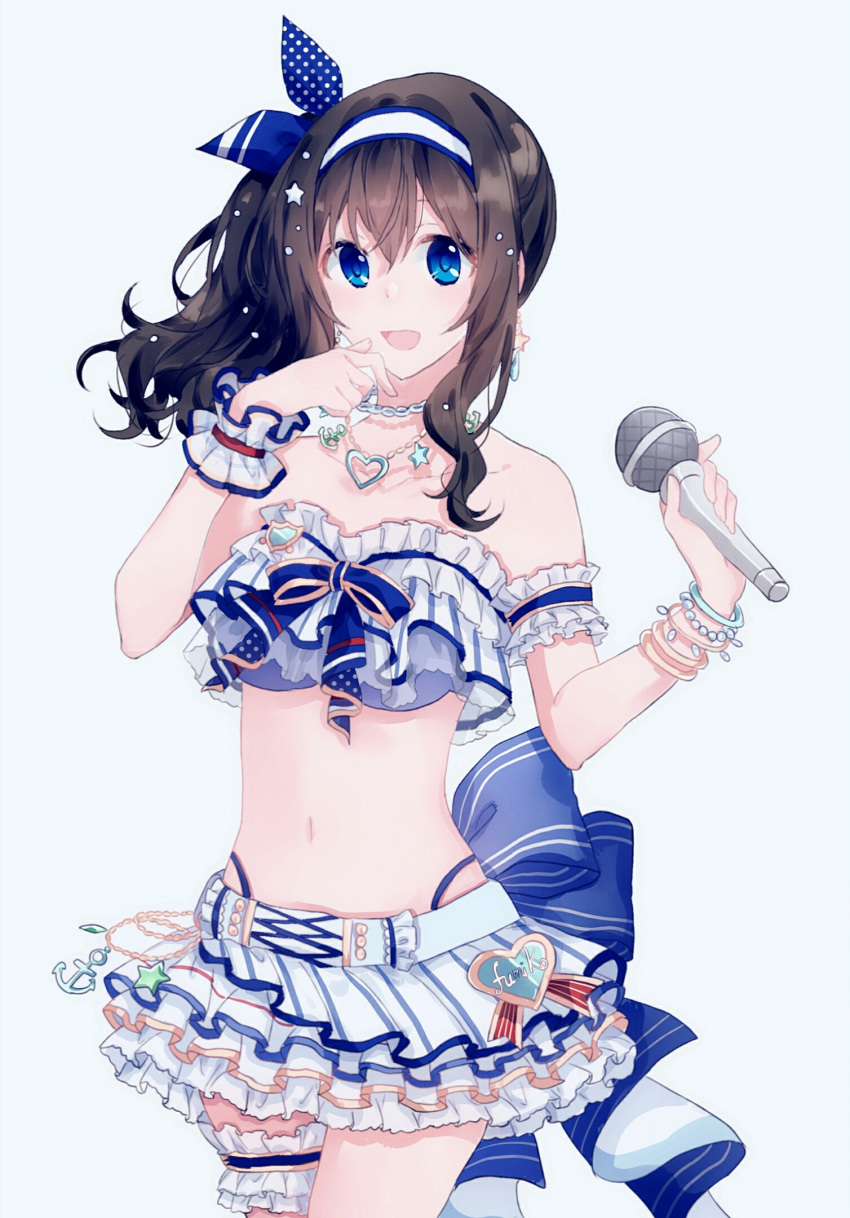1girl armband back_bow black_hair blue_background blue_bow blue_eyes blue_skirt bow bracelet chain_necklace cowboy_shot crop_top frilled_skirt frills gocoli hair_bow hair_ornament headband highres holding holding_microphone idolmaster idolmaster_cinderella_girls jewelry leg_garter looking_at_viewer microphone midriff navel necklace open_mouth ponytail sagisawa_fumika shirt side_ponytail sidelocks simple_background skirt skirt_set solo star_(symbol) star_hair_ornament striped striped_shirt tareme wristband