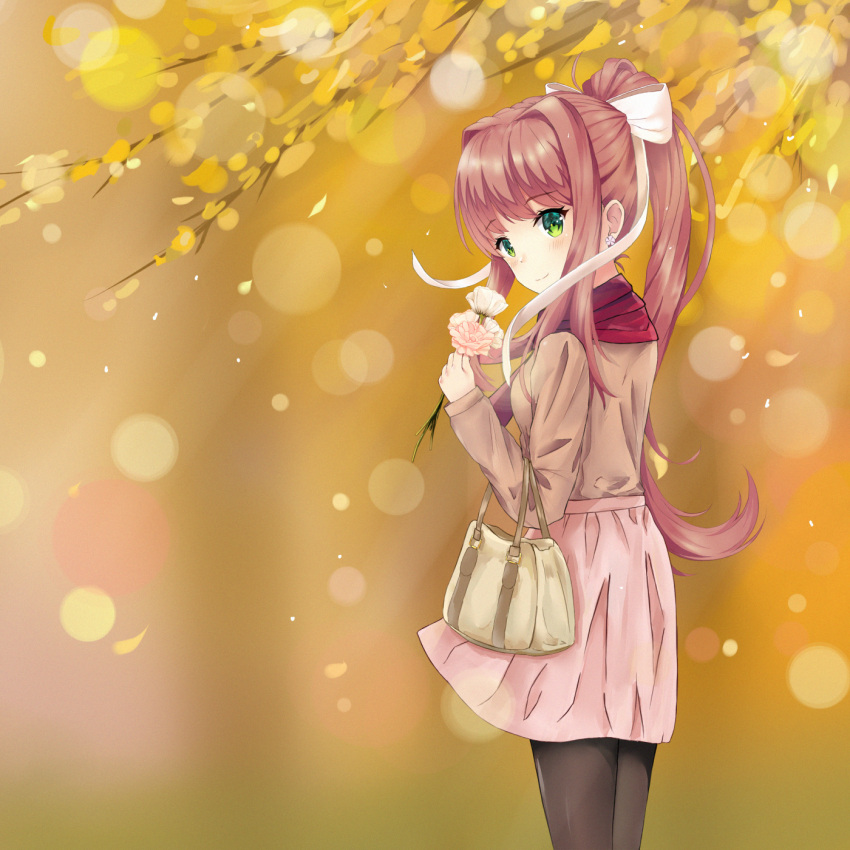 1girl alternate_costume atychi autumn_leaves bag bangs blush bow breasts brown_hair brown_sweater commentary doki_doki_literature_club earrings eyebrows_visible_through_hair flower flower_earrings green_eyes handbag highres holding holding_flower jewelry long_hair looking_at_viewer looking_back medium_breasts monika_(doki_doki_literature_club) pantyhose pink_skirt ponytail red_scarf ribbon scarf sidelocks skirt smile solo very_long_hair white_bow white_ribbon