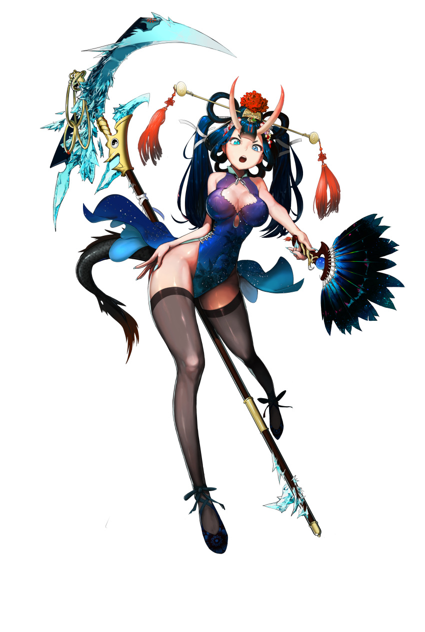 &gt;:o 1girl :o absurdres ankle_ribbon bare_shoulders black_legwear blue_dress blue_eyes blue_hair breasts china_dress chinese_clothes cleavage cleavage_cutout covered_navel cross-laced_footwear destiny_child dragon_tail dress eyeliner fan fingernails flower full_body hair_flower hair_ornament hair_ribbon hair_stick highres horns large_breasts loncspace long_fingernails long_hair makeup nail_polish no_panties pelvic_curtain polearm ribbon scythe side_slit simple_background sleeveless sleeveless_dress solo tail thigh-highs twintails weapon white_background