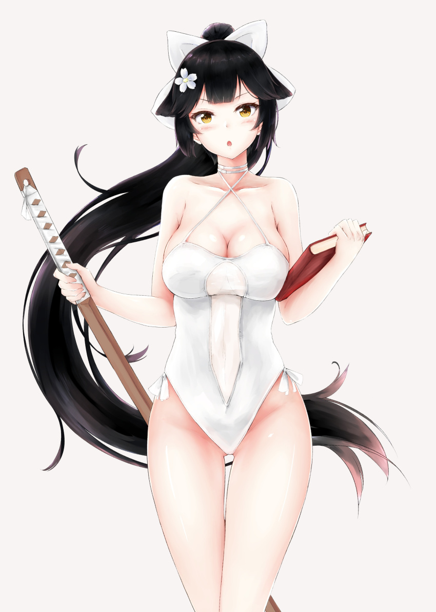 1girl absurdres azur_lane black_hair book brown_eyes casual_one-piece_swimsuit cowboy_shot flower hair_flaps hair_flower hair_ornament hair_ribbon highres long_hair looking_at_viewer one-piece_swimsuit ponytail realman ribbon simple_background solo swimsuit sword takao_(azur_lane) weapon white_background white_ribbon white_swimsuit