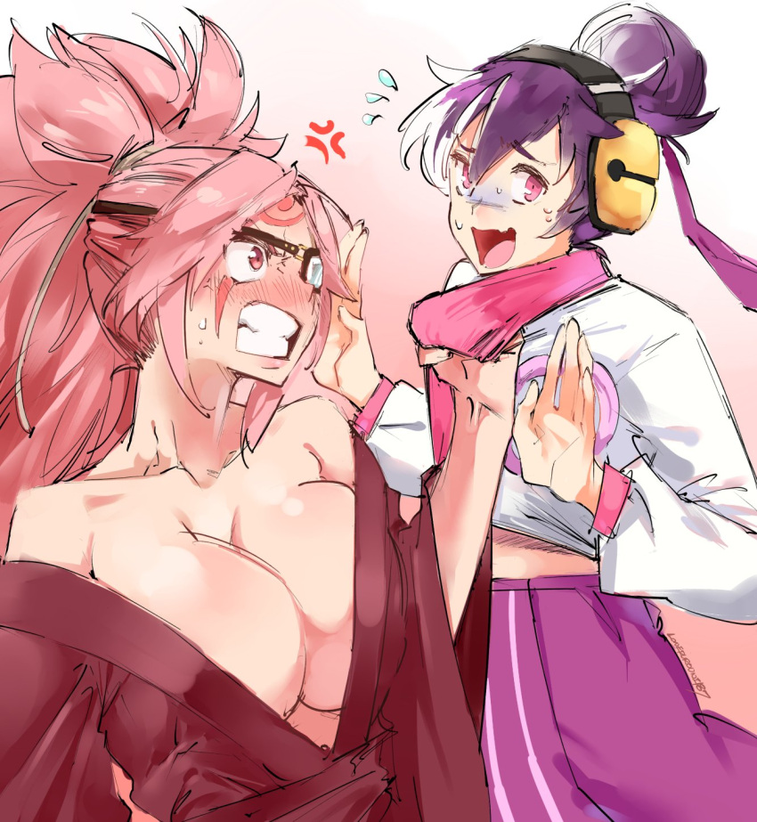 2girls anger_vein angry baiken bare_shoulders blush breasts cleavage commentary eyepatch facial_tattoo flat_chest flying_sweatdrops guilty_gear guilty_gear_xrd hair_bun headphones highres japanese_clothes kenshin187 kimono korean_clothes kum_haehyun large_breasts lifting_person long_hair multicolored_hair multiple_girls neck_grab no_bra off_shoulder one-eyed open_clothes open_kimono pink_eyes pink_hair ponytail purple_hair red_eyes scared sweatdrop tattoo two-tone_hair white_hair