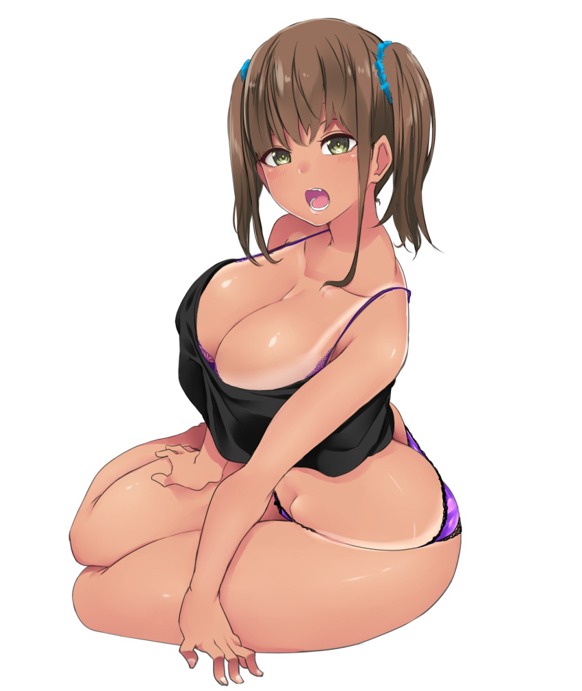 1girl :o arm_support bangs bikini_tan black_bow blue_scrunchie blush bow bow_panties bra bra_peek breasts bright_pupils butt_crack camisole cleavage collarbone commentary_request crop_top from_side full_body green_eyes grey_hair groin hair_ornament hair_scrunchie hand_on_own_thigh highres hip_bones lace lace-trimmed_bra lace-trimmed_panties large_breasts looking_at_viewer manabebebe medium_hair open_mouth original panties purple_bra purple_panties revision scrunchie short_twintails sidelocks simple_background sitting solo string_panties tan tanline thighs twintails underwear white_background yokozuwari