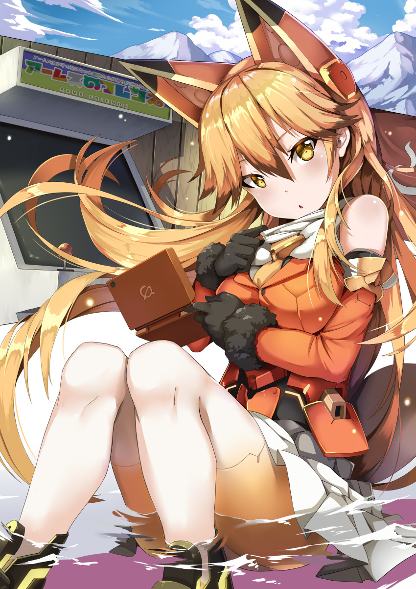1girl absurdres animal_ears arcade_cabinet bangs black_gloves blush breasts brown_hair day ezo_red_fox_(kemono_friends) fox_ears fox_tail fur_trim gloves hair_between_eyes hair_flaps handheld_game_console highlights highres japari_symbol jie_laite kemono_friends knees_together_feet_apart large_breasts long_hair looking_at_viewer mecha_musume mechanical_ears multicolored_hair outdoors parted_lips pleated_skirt sitting skirt sky solo tail thigh-highs tsurime white_legwear white_skirt yellow_eyes