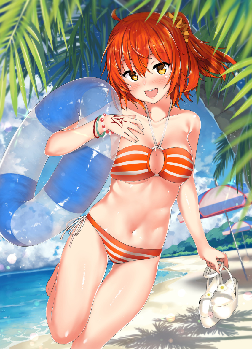 1girl :d ahoge bandeau barefoot beach bead_bracelet beads bikini blue_sky blurry bracelet breasts brown_eyes cleavage command_spell day depth_of_field fate/grand_order fate_(series) female fujimaru_ritsuka_(female) hair_between_eyes hair_ornament hair_scrunchie halter_top halterneck highres holding holding_shoes innertube jewelry kawai leg_up medium_breasts navel ocean open_mouth orange_bikini orange_hair outdoors palm_tree sandals scrunchie shoes shoes_removed short_hair side_ponytail sky smile solo striped striped_bikini swimsuit thighs tree type-moon umbrella yellow_eyes