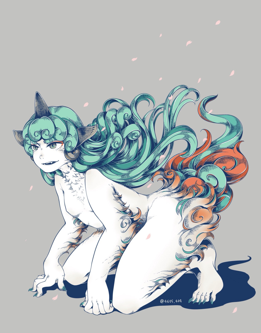 1girl bangs claws curly_hair fangs flat_chest furry green_eyes green_hair highres horn komainu komano_aun long_hair nude open_mouth orange_hair pale_skin pointy_ears shiratamago_(unevenness) slit_pupils solo touhou twitter_username very_long_hair
