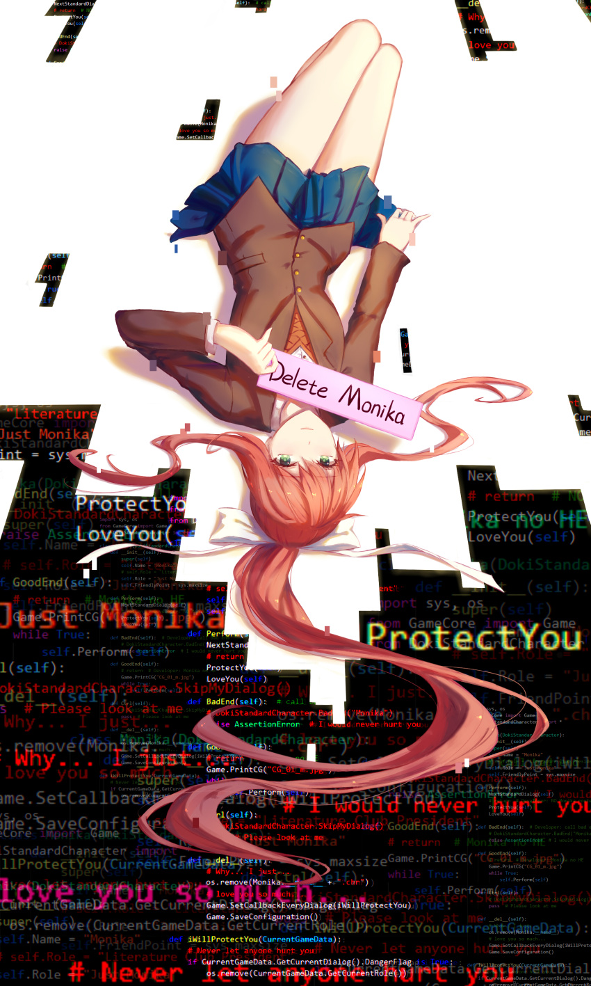 1girl absurdres bangs blue_skirt blunt_bangs bow breasts brown_blazer brown_hair buttons closed_mouth code commentary_request doki_doki_literature_club english eyebrows_visible_through_hair eyelashes glitch green_eyes hair_between_eyes hair_spread_out hashtag highres html long_hair looking_at_viewer lying monika_(doki_doki_literature_club) on_back ponytail red_ribbon ribbon school_uniform shirt sidelocks skirt smile solo spoilers text thighs upside-down very_long_hair vest white_bow white_ribbon white_shirt xing_muhen