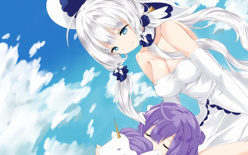 2girls ahoge azur_lane bare_shoulders blue_eyes breasts choker cleavage collarbone commentary_request dress elbow_gloves gloves hat illustrious_(azur_lane) large_breasts long_hair lying_on_lap lying_on_person mamizu mole mole_under_eye multiple_girls off-shoulder_dress off_shoulder purple_hair sitting sleeping sleeping_on_person smile stuffed_animal stuffed_toy stuffed_unicorn sun_hat tri_tails unicorn_(azur_lane) white_dress white_gloves white_hair