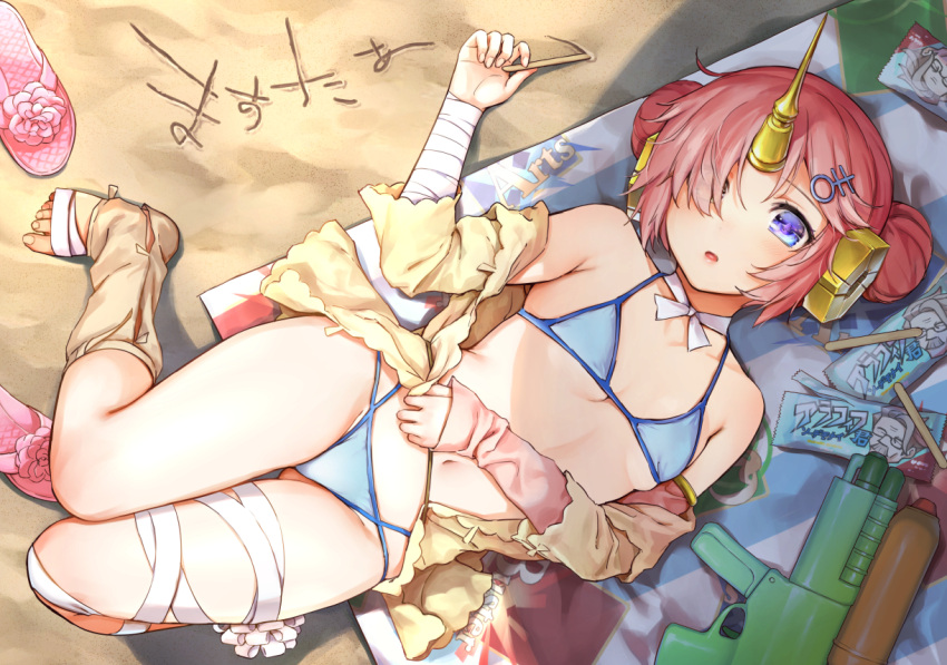 1girl bandage bandaged_leg bare_shoulders beach_towel berserker_of_black bikini blue_bikini blue_eyes breasts double_bun fate/grand_order fate_(series) feet frankenstein's_monster_(swimsuit_saber)_(fate) from_above hair_ornament hair_over_one_eye hairpin halter_top halterneck horn looking_at_viewer lying navel on_back pink_hair sand_writing sandals sandals_removed short_hair small_breasts solo swimsuit toes towel umakuchi_shouyu_(into-rain) water_gun