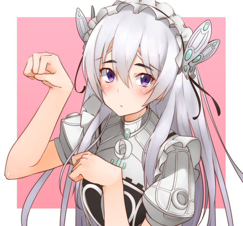 1girl :/ blush border chaika_trabant clenched_hands closed_mouth commentary_request eyebrows_visible_through_hair grey_hair hair_between_eyes hairband hechi_(hechi322) hitsugi_no_chaika lolita_hairband long_hair looking_at_viewer outside_border paw_pose puffy_short_sleeves puffy_sleeves short_sleeves solo thick_eyebrows upper_body violet_eyes