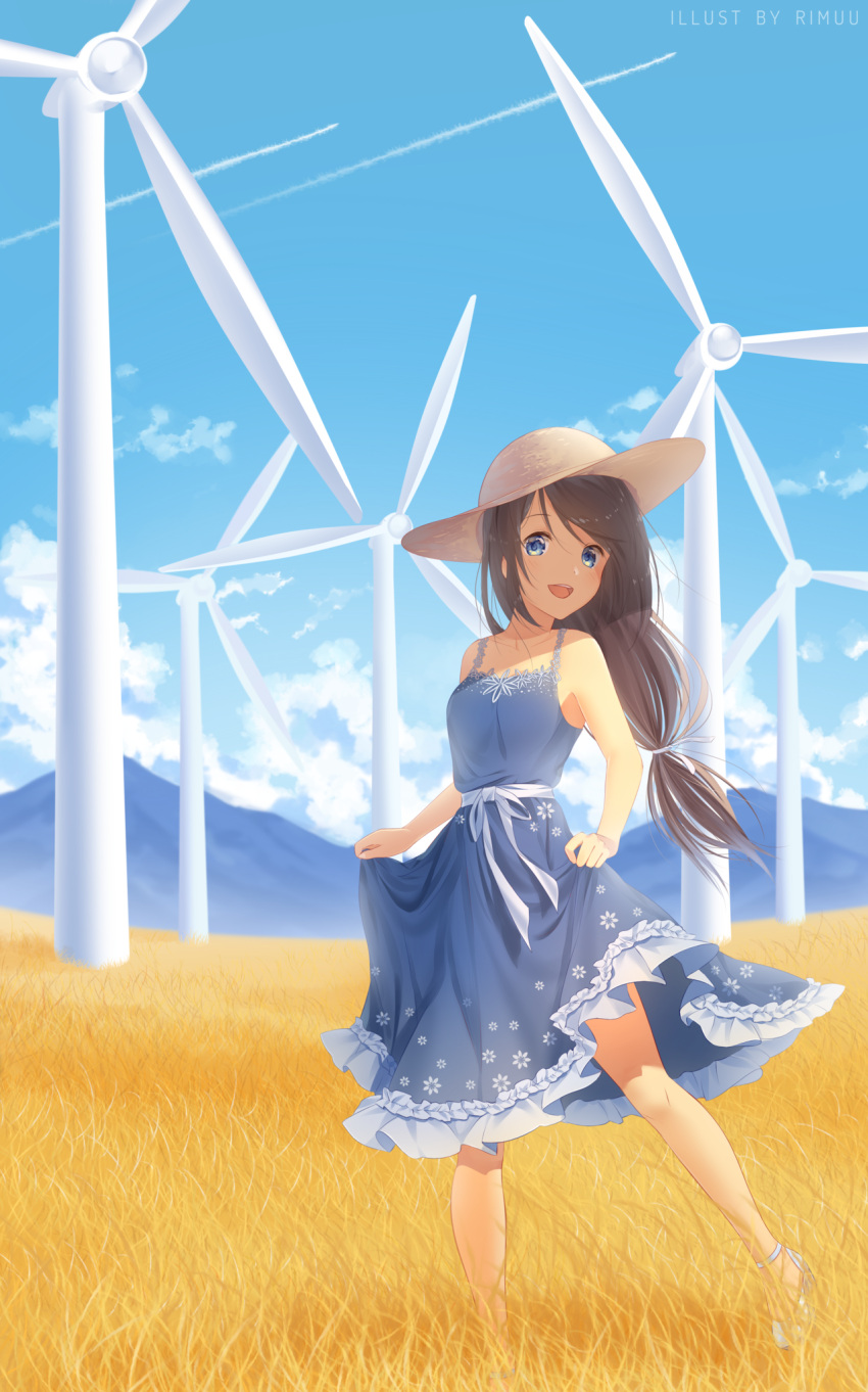 1girl :d artist_name black_hair blue_dress blue_eyes blue_sky clouds collarbone day dress full_body hair_between_eyes hair_ribbon hat highres long_hair looking_at_viewer low-tied_long_hair open_mouth original outdoors ponytail ribbon rimuu skirt_hold sky sleeveless sleeveless_dress smile solo standing straw_hat sundress white_ribbon wind_turbine windmill