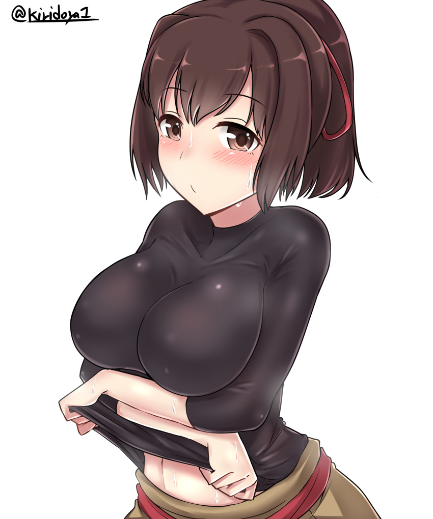 1girl :/ absurdres bangs blush breasts brown_eyes brown_hair brown_skirt closed_mouth eyebrows_visible_through_hair hair_ribbon highres ise_(kantai_collection) kantai_collection kiritto large_breasts lifted_by_self looking_at_viewer ponytail red_ribbon ribbon shirt shirt_lift short_hair simple_background skin_tight skirt sleeves_past_elbows solo sweat tareme taut_clothes taut_shirt twitter_username undressing upper_body white_background