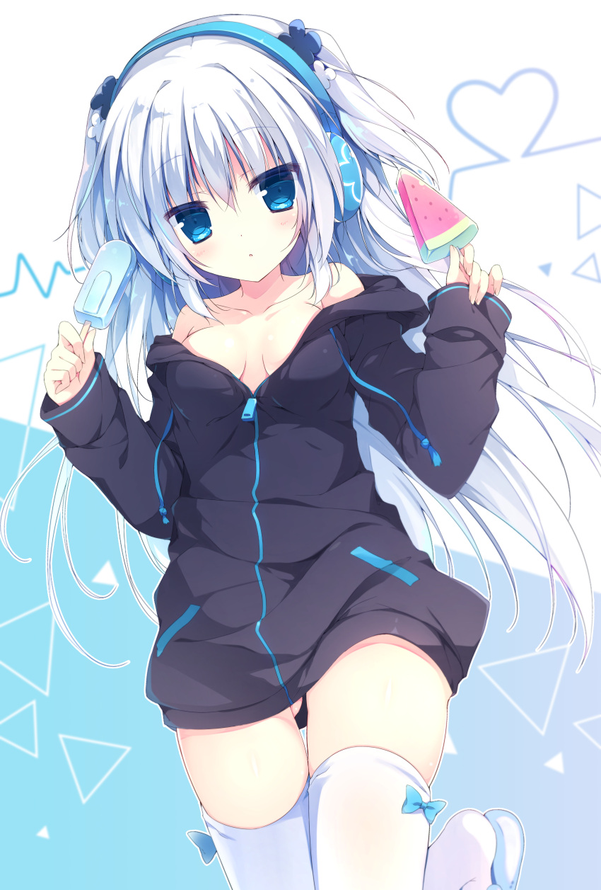 1girl :o absurdres bangs bare_shoulders blue_bow blue_eyes blue_hair blush bow bow_legwear breasts breasts_apart collarbone commentary_request cowboy_shot eyebrows_visible_through_hair fingernails food gluteal_fold hair_between_eyes hair_ornament hands_up headphones highres holding hood hoodie leg_up legs_together long_fingernails long_hair long_sleeves looking_at_viewer medium_breasts naked_hoodie no_panties off_shoulder one_leg_raised open_mouth original popsicle ringonotane slippers small_breasts solo standing standing_on_one_leg thigh-highs thigh_gap twintails unzipped watermelon_bar white_legwear