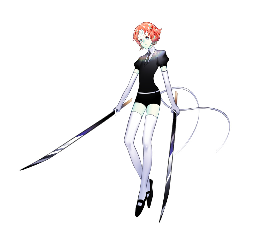1girl absurdres cosplay dual_wielding elbow_gloves forehead_jewel gloves highres houseki_no_kuni looking_at_viewer necktie ori_(pixiv3776782) pale_skin pearl_(steven_universe) short_hair short_shorts shorts simple_background solo sparkle steven_universe sword thigh-highs weapon white_background white_gloves white_legwear