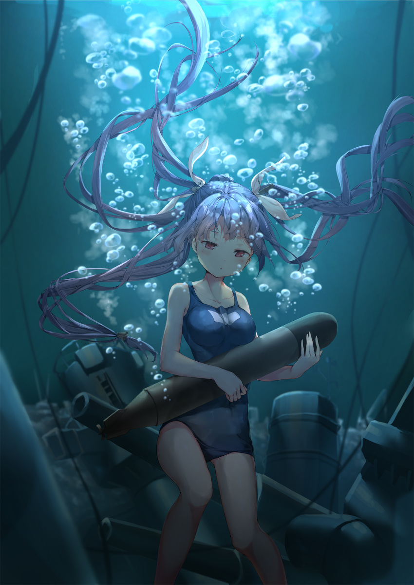 1girl air_bubble bare_legs blue_hair breasts bubble cannon daitai_sotogawa_(futomomo) floating_hair hair_ribbon highres i-19_(kantai_collection) kantai_collection large_breasts light_rays long_hair mast name_tag one-piece_swimsuit red_eyes ribbon school_swimsuit smokestack solo swimsuit symbol-shaped_pupils torpedo tri_tails turret underwater