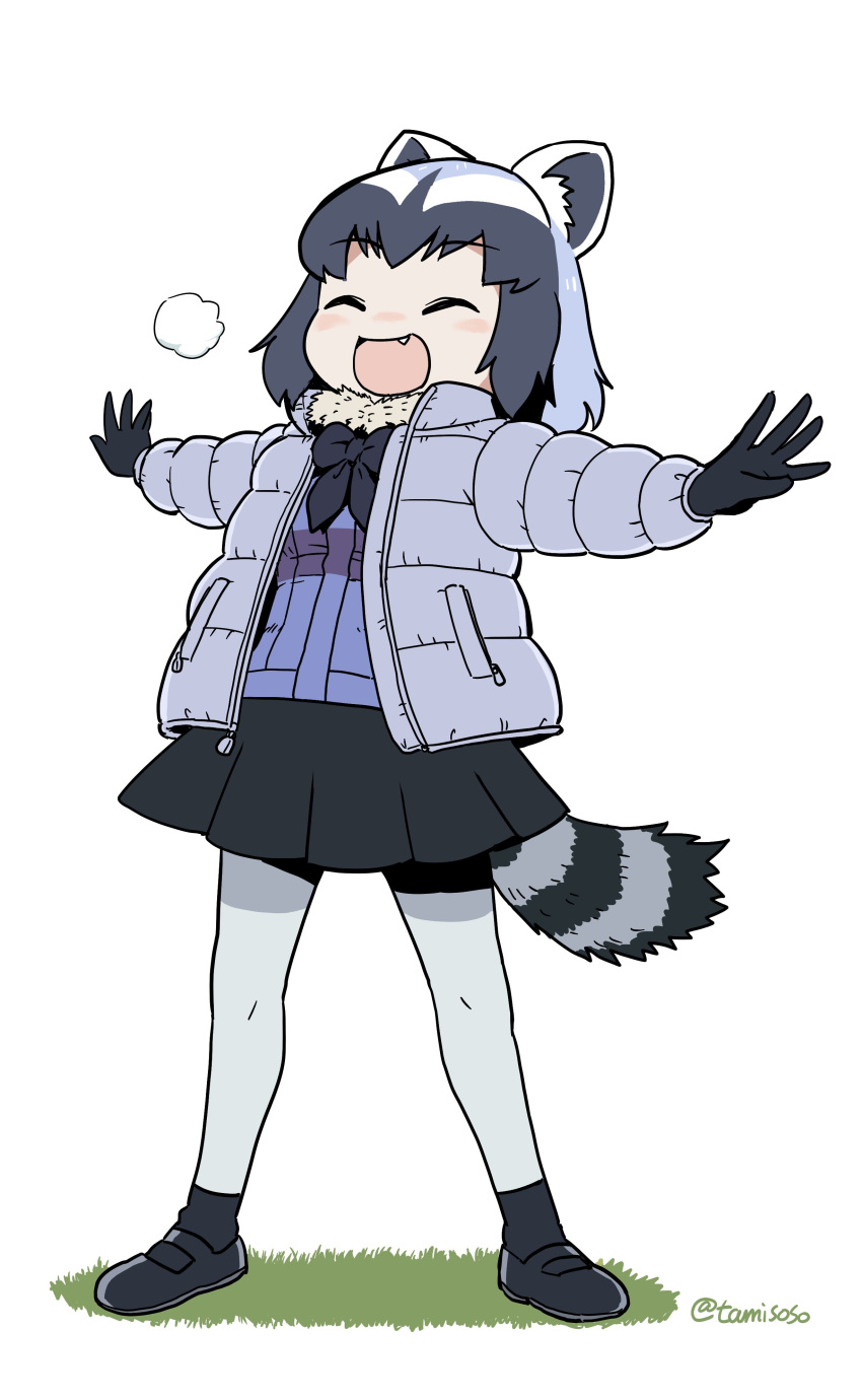1girl ^_^ absurdres animal_ears black_footwear black_gloves black_hair black_neckwear black_skirt bow bowtie closed_eyes commentary_request common_raccoon_(kemono_friends) eyebrows_visible_through_hair fang full_body fur_collar gloves grey_hair grey_legwear highres jacket kemono_friends multicolored_hair outstretched_arms pantyhose raccoon_ears raccoon_tail shoes short_hair simple_background skirt solo spread_arms tail tamin twitter_username white_background