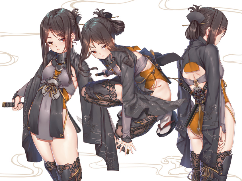1girl ass black_hair black_legwear blush breasts brown_eyes closed_mouth cowboy_shot dagger fangxiang_cuoluan folded_ponytail from_behind full_body holding holding_sword holding_weapon japanese_clothes katana long_hair long_sleeves looking_at_viewer multiple_views obi original parted_lips sandals sash sidelocks small_breasts squatting sword tabi thick_eyebrows thigh-highs thighs unsheathed weapon white_background white_legwear wide_sleeves
